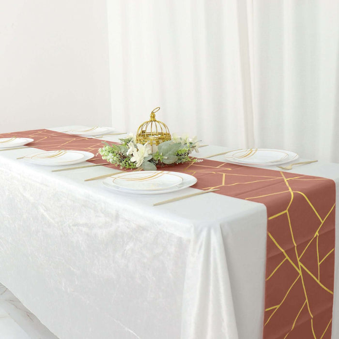 9ft Terracotta (Rust) With Gold Foil Geometric Pattern Table Runner