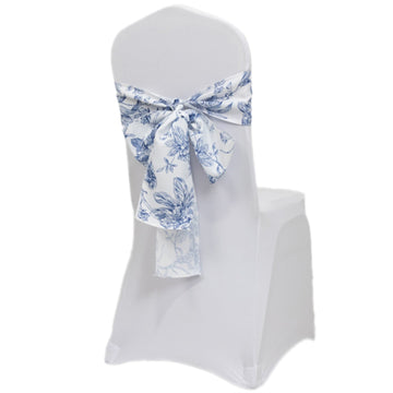 Polyester Chair Sashes White/Blue French Toile Floral Design - Wrinkle-Resistant & Durable Chair Bows for Exquisite Weddings & Banquets 6"x108"