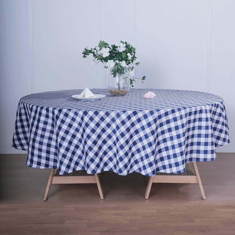 Blue and white checkered tablecloth on a rectangular table