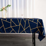 60"x102" Navy Blue Rectangle Polyester Tablecloth With Gold Foil Geometric Pattern