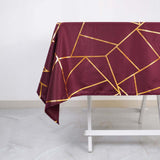 54"x54" Burgundy Polyester Square Tablecloth With Gold Foil Geometric Pattern