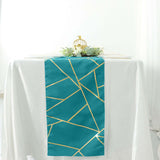 9 Feet Teal Table Runner With Gold Foil Geometric Pattern