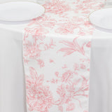 12x108 White Pink French Toile Polyester Table Runner, Elegant Floral Pattern for Table Settings