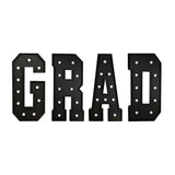 Black marquee letters spelling GRAD with bulbs on white background#whtbkgd