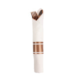 Set of 24 Pre Rolled White Paper Napkins with Rose Gold Plastic Silverware#whtbkgd