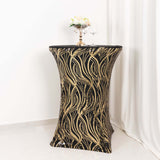 Black Gold Wave Embroidered Sequin Cocktail Spandex Table Cover