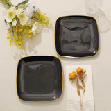 10 Pack | 7inch Black with Gold Rim Square Plastic Salad Party Plates, Dessert Appetizer Plates