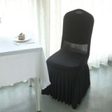 Black Ruffle Pleated Skirt Banquet Spandex Chair Slipcover, 1-Piece Stretch Fitted Chair Cover