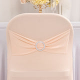 Blush Spandex Folding Chair Covers with Silver Rhinestone Buckled Sash Band