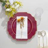 11inch Burgundy Heavy Duty Disposable Baroque Dinner Plates with Gold Rim, Hard Plastic Dinnerware