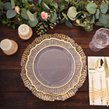 6-Pack Plastic Round Charger Plates 12" in Clear with Gold Brushed Scalloped Reef Rim, Decorative Dinner Party Serving Plates