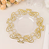 10 Pack Clear Gold European Style Disposable Dinner Plates Vintage Baroque With Scalloped Rim