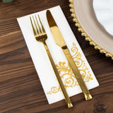 20 Gold Foil White Airlaid Linen-Feel Paper Dinner Napkins, Disposable Hand Towels Fleur Vintage