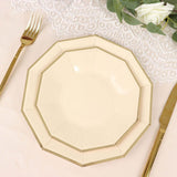 25 Pack | 9inch Beige Gold Foil Rim Geometric Dinner Paper Plates, Decagon Disposable Plates