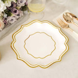 25 Pack | White/Gold 8" Scallop Rim Dessert Party Paper Plates, Disposable Appetizer Salad Plates - 300 GSM