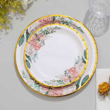 25 Pack | 7inch White Elegant Floral Design Gold Rim Paper Salad Plates