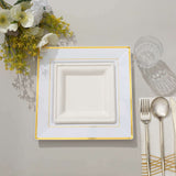 10 Pack - 10inch Gold Trim White Square Plastic Disposable Dinner Plates