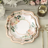 25 Pack | 10inch White / Rose Gold Floral Scallop Rim Dinner Paper Plates, Disposable Party Plates