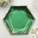 25 Pack | 9inch Hunter Emerald Green / Gold Hexagon Dinner Paper Plates, Geometric Party Plates