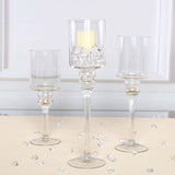 Set of 3 | Clear Long Stem Cylinder Glass Vase Candle Holders