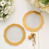 10 Pack | 8inch Gold / White Disposable Salad Appetizer Plates With Round Blossom Design