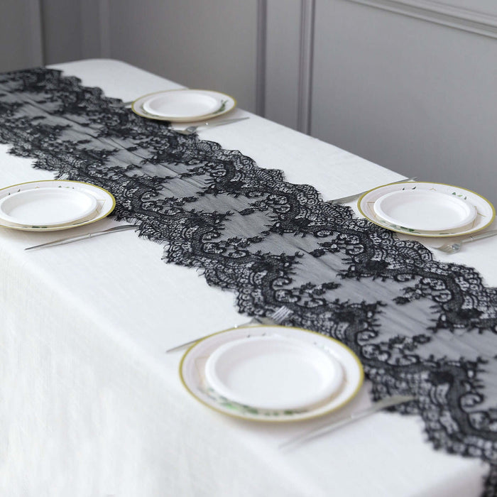 Black Premium Lace Fabric Table Runner, Vintage Classic Table Decor With Scalloped Frill Edges