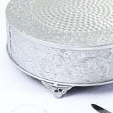 14inch Round Silver Embossed Cake Stand Riser, Matte Metal Cake Pedestal