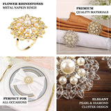 4 Pack | Pearl And Diamond Rhinestone Flower Gold Metal Napkin Rings