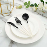 24 Pack | 8inch Black With Ivory Handle Silverware Set, Modern Premium Plastic Utensil Set