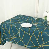 60"x102" Peacock Teal Rectangle Polyester Tablecloth With Gold Foil Geometric Pattern