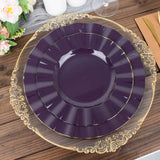 10 Pack | 9inch Purple Heavy Duty Disposable Dinner Plates with Gold Ruffled Rim Dinnerware