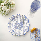 25-Pack Paper Dessert Plates in White with Light Blue Damask Floral Print & Scallop Rim