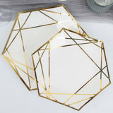 25 Pack | 7inch White / Gold Hexagon Salad Paper Plates, Geometric Disposable Dessert