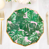 25-Pack Paper 9" Decagon Dinner Plates in Pink with Green Tropical Palm Leaves & Gold Rim - Disposable Geometric Party Plates for Luau & Summer Gatherings