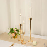 Set of 3 | Gold Metal Clear Glass Hurricane Candle Stands With Glass Chimney Candle Shades