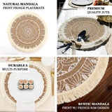 4 Pack | Natural 15inch Jute & White Mandala Print Fringe Placemats