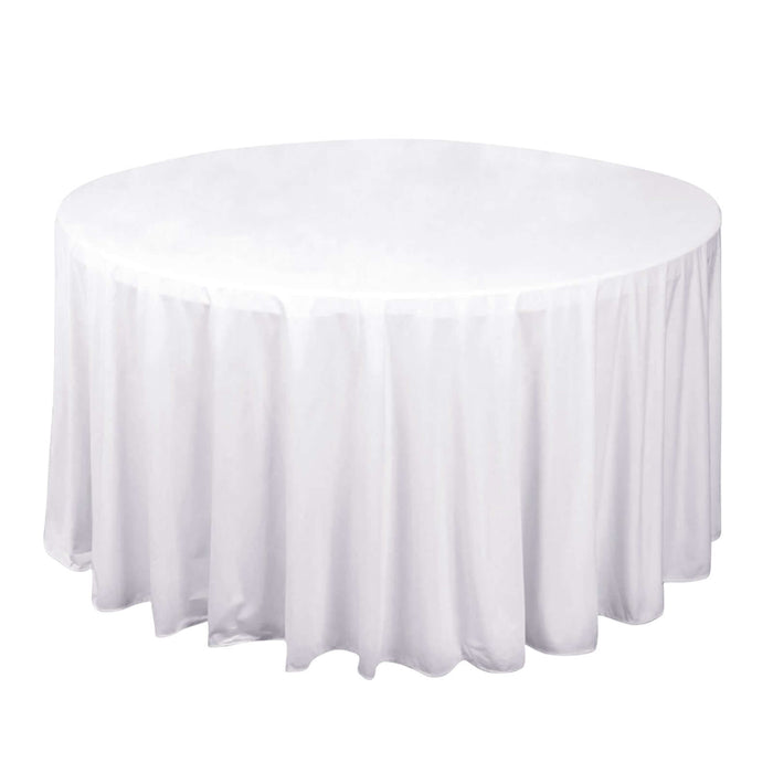 120 White Premium Scuba Round Tablecloth, Wrinkle Free Polyester Seamless Tablecloth