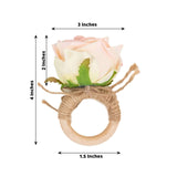 4 Pack Blush Artificial Rose Flower Wooden Napkin Holders, Farmhouse Country Floral Napkin Rings