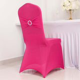 Fuchsia Spandex Banquet Chair Cover with Silver Rhinestone Buckled Sash Band, Stretched Fitted Slip