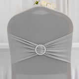 Silver Spandex Banquet Chair Cover with Rhinestone Buckled Sash Band, Stretched Fitted Slip On Chair