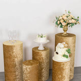 Set of 5 Champagne Crushed Velvet Cylinder Pedestal Stand Covers, Premium Pillar Prop Covers