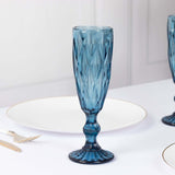 6 Pack Ocean Blue Crystal Cut Wine Goblet Toast Glasses, 6oz Textured Champagne Flute