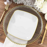 10 Pack | 10inch White with Gold Rim Square Plastic Lunch Party Plates, Disposable Dinner Plates