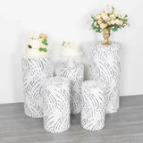 Set of 5 White Wave Mesh Cylinder Pedestal Stand Covers with Embroidered Sequins, Premium