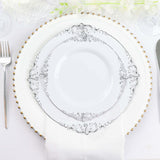 10 Pack | 10inch White Silver Leaf Embossed Baroque Plastic Dinner Plates