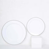 10 Pack | 10inch White / Silver Beaded Rim Disposable Dinner Plates, Round Plastic Party Plates