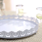 12inch White Premium Metal Decorative Vanity Serving Tray, Round With Embellished Rims