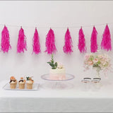 Pink tissue paper tassel garland for party décor with cupcakes and cake.