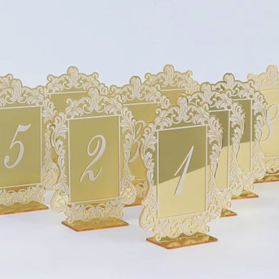 Gold Mirror Arch Acrylic Table Numbers (1-10) - 6"x7" Wedding Reception Signs with Baroque