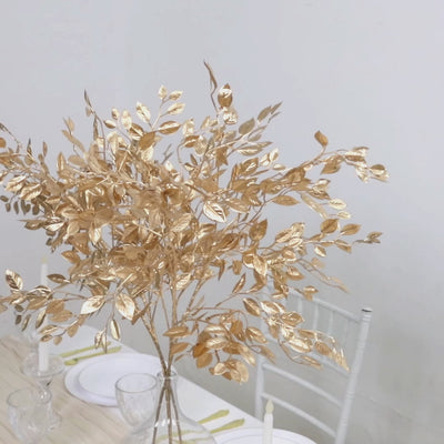 4 Pack Gold Metallic Artificial Leaf Sprays 33inch Italian Ruscus Branches Plastic Greenery Decor